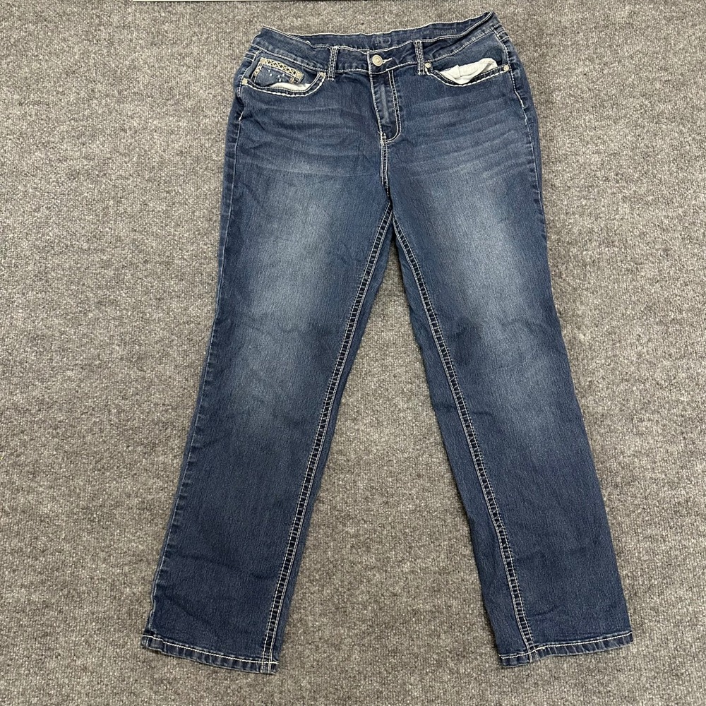 New Direction Jeans Womens Size 14R Blue Straight Leg Embroidered Pocket Denim
